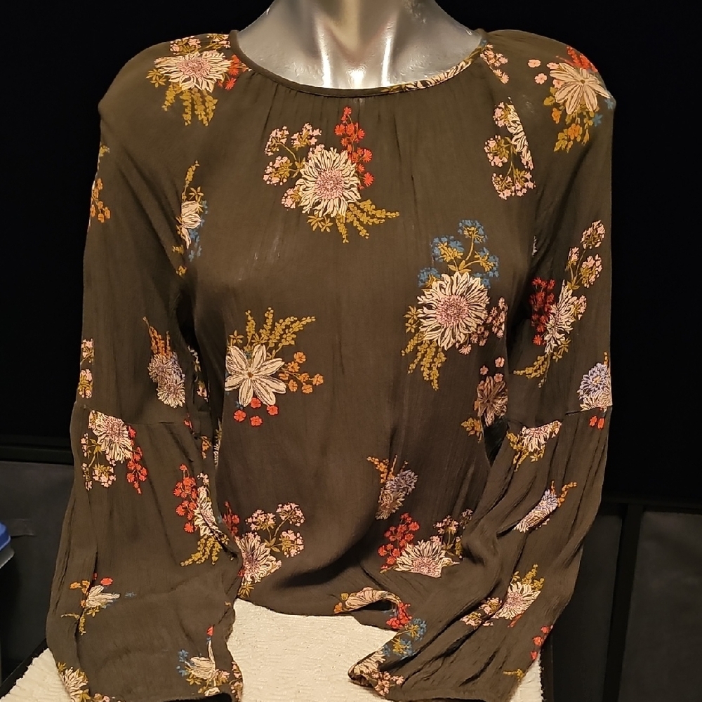 Sonoma Floral Print Women's Hunter Green Blouse Size M